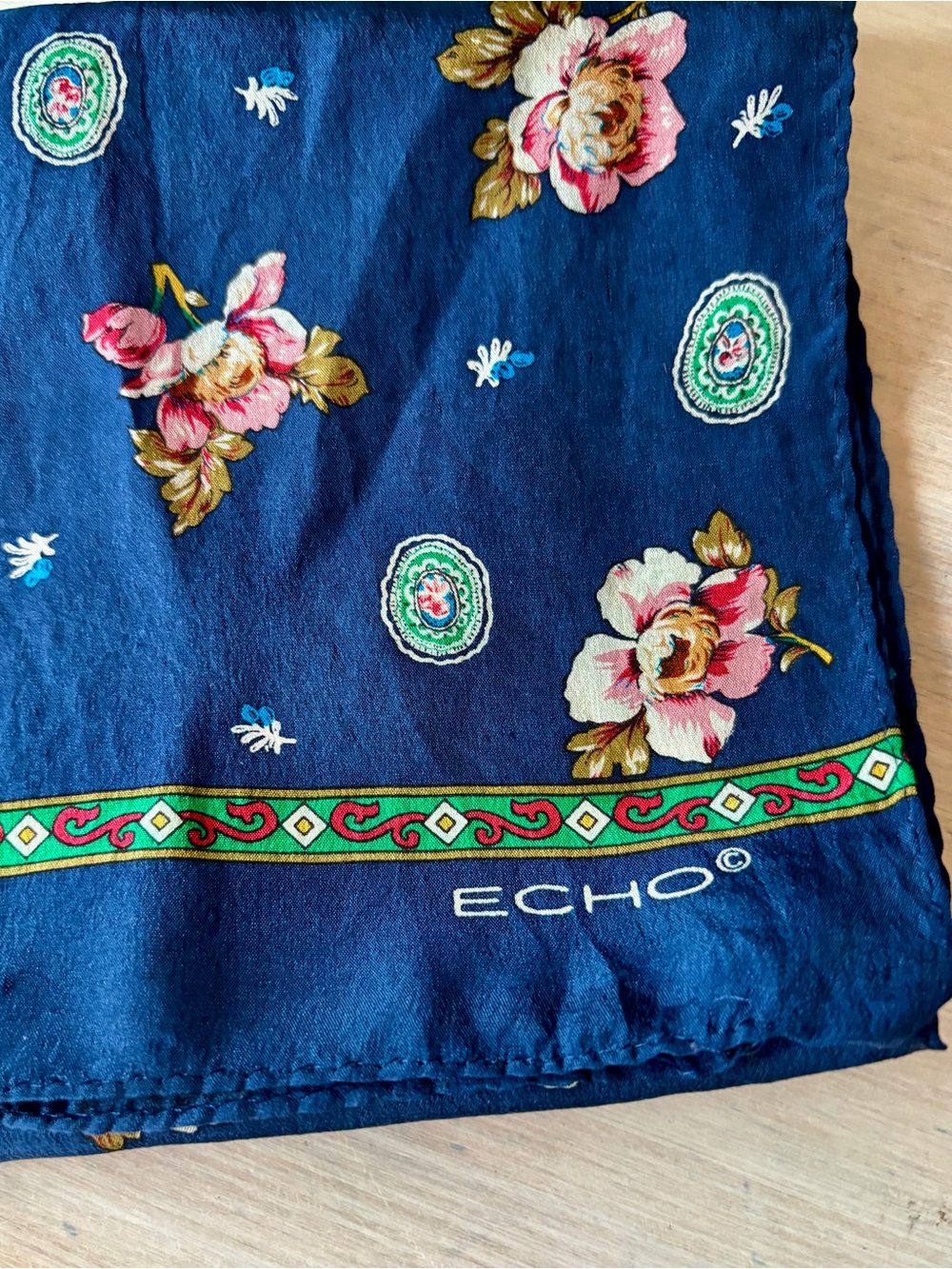 Vintage Echo 100% Silk Navy Floral Scarf.